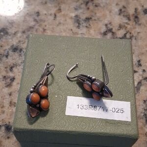 Sterling Silver Orange Natural KoralStone Cluster Drop Earrings With 14K Gold .